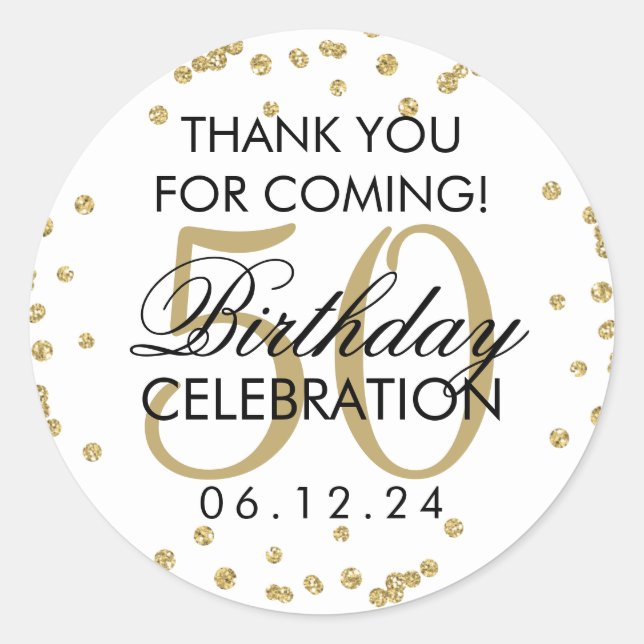 Sticker Rond Gold 50th Birthday Merci Parties scintillant Confe (Devant)