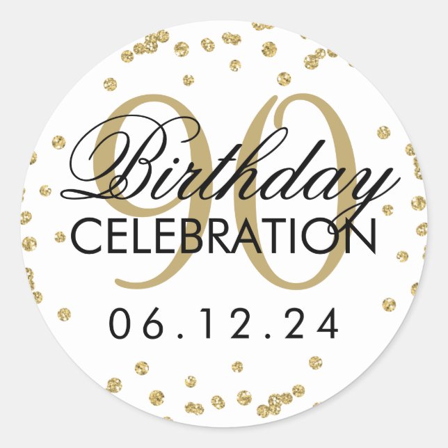 Sticker Rond Gold 90e anniversaire Parties scintillant Confetti (Devant)