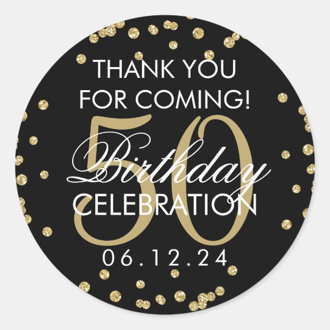 Sticker Rond Gold Black 50 Anniversaire Merci Parties scintilla (Devant)