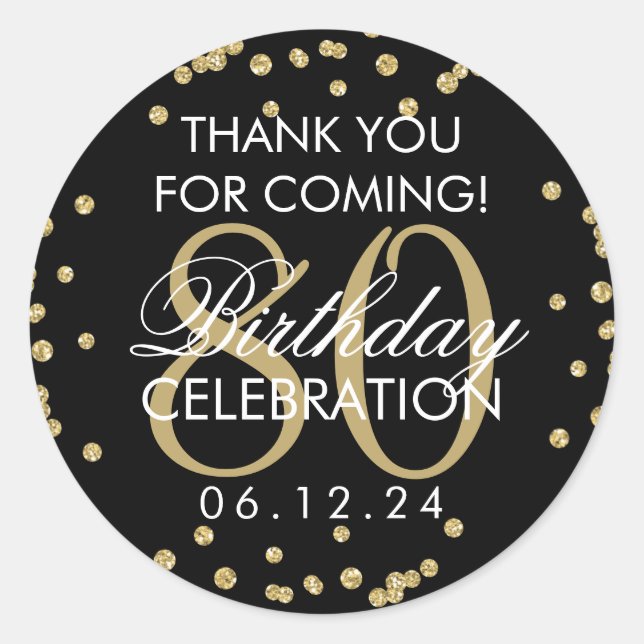 Sticker Rond Gold Black 80th Birthday Merci Parties scintillant (Devant)