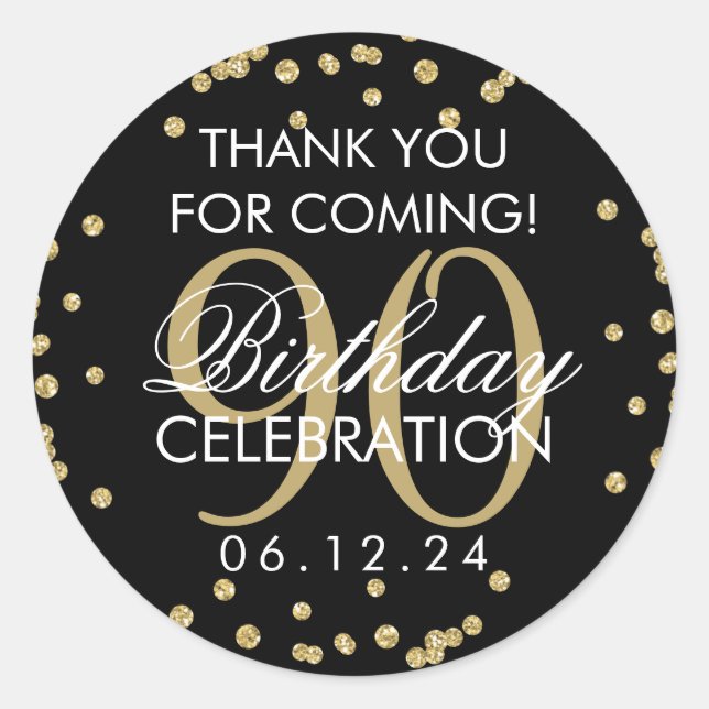 Sticker Rond Gold Black 90th Birthday Merci Parties scintillant (Devant)
