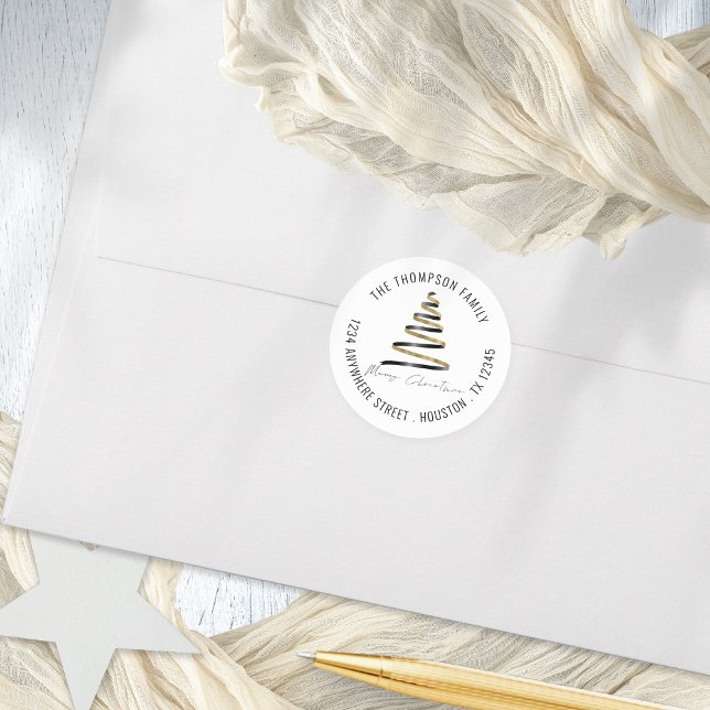 Sticker Rond Gold Black Christmas Tree Retour Nom Adresse (A contemporary artsy Christmas Tree Return Name and Address sticker for your festive mailings)