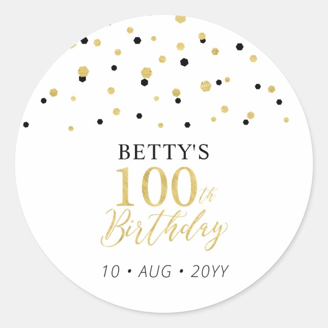 Sticker Rond Gold & Black Confetti 100e fête d'anniversaire Fav (Devant)