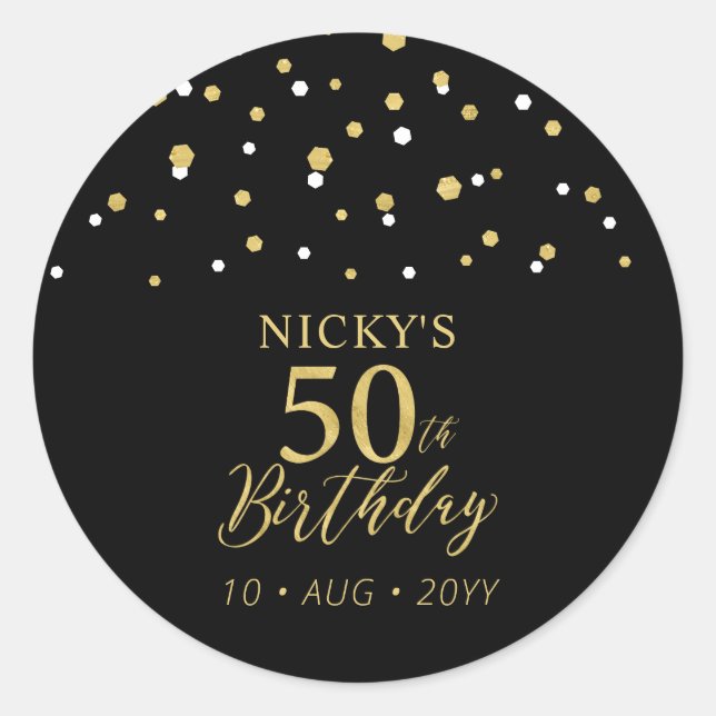 Sticker Rond Gold & Black Confetti 50e Anniversaire Fête Faveur (Devant)