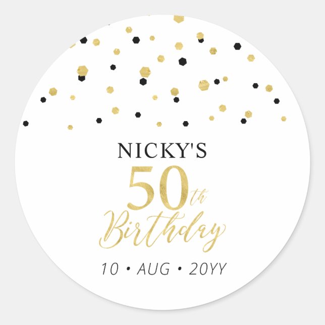 Sticker Rond Gold & Black Confetti 50e Anniversaire Fête Faveur (Devant)