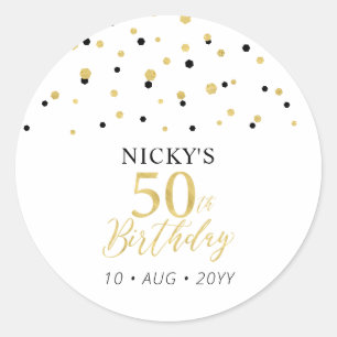 Sticker Rond Gold & Black Confetti 50e Anniversaire Fête Faveur