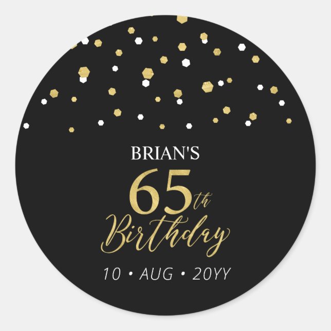 Sticker Rond Gold & Black Confetti 65e fête d'anniversaire Favo (Devant)