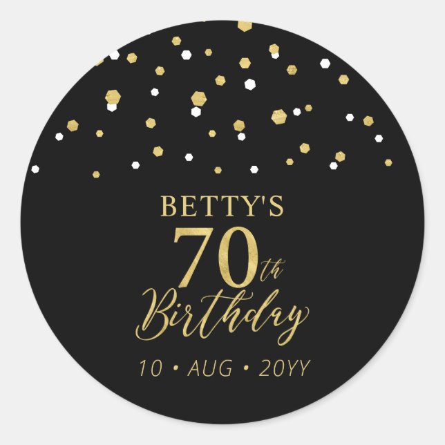 Sticker Rond Gold & Black Confetti 70e fête d'anniversaire Favo (Devant)