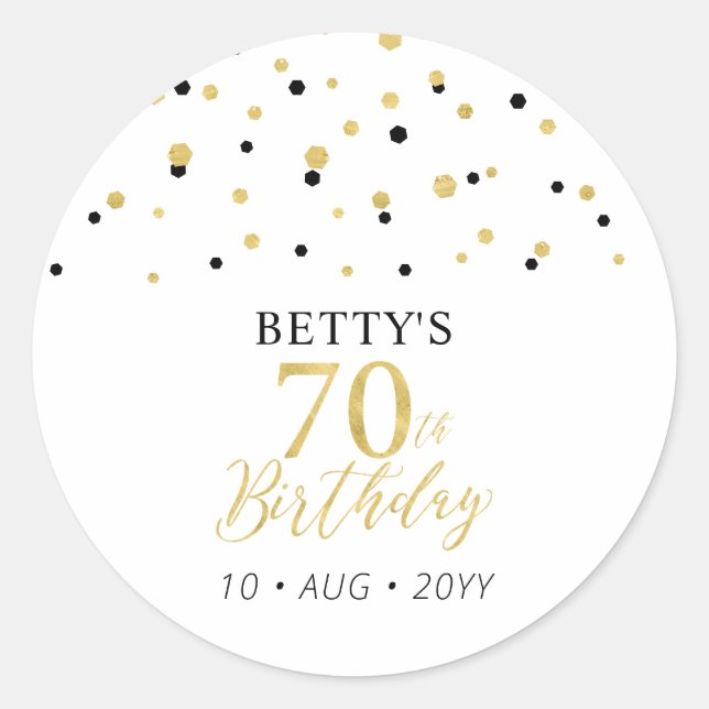 Sticker Rond Gold & Black Confetti 70e fête d'anniversaire Favo (Devant)