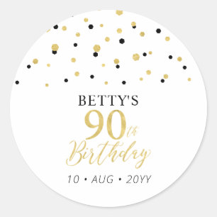 Sticker Rond Gold & Black Confetti 90e fête d'anniversaire Favo