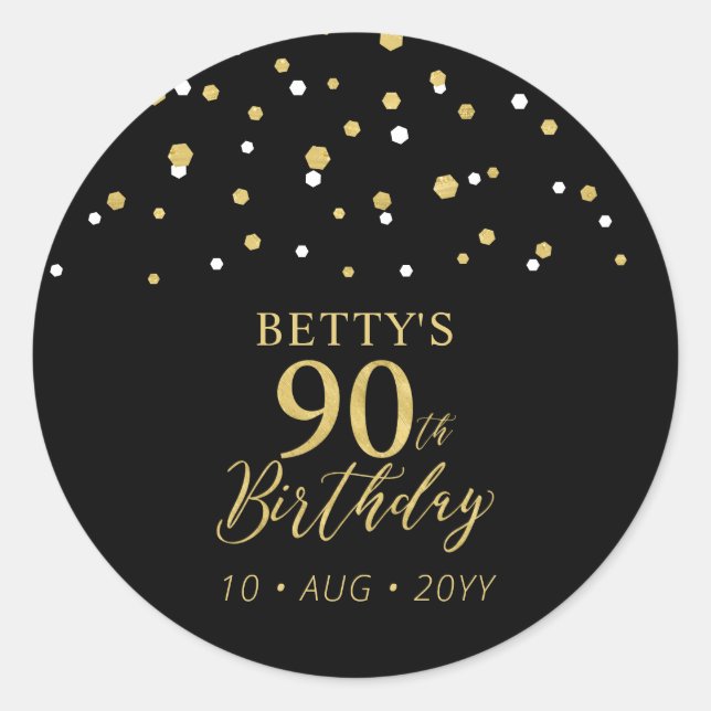 Sticker Rond Gold & Black Confetti 90e fête d'anniversaire Favo (Devant)