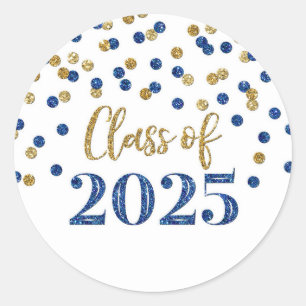 Sticker Rond Gold Blue Confetti Graduation 2025