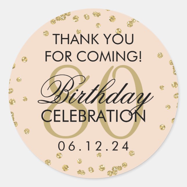 Sticker Rond Gold Blush rose 80e anniversaire Merci Parties sci (Devant)