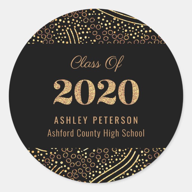 Sticker Rond Gold Confetti Classe de 2020 Black Graduation Part (Devant)