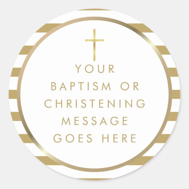 Sticker Rond Gold Cross Chic Stripe Baptême Message de Christen (Devant)