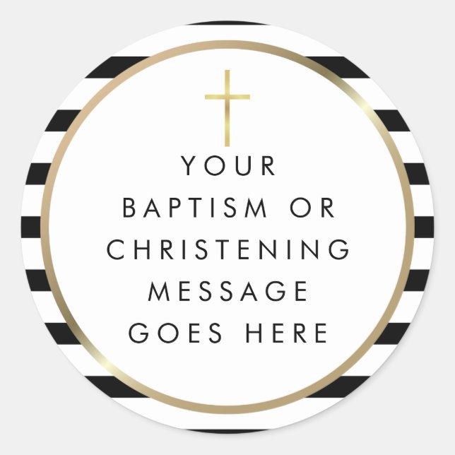 Sticker Rond Gold Cross Chic Stripe Baptême Message de Christen (Devant)