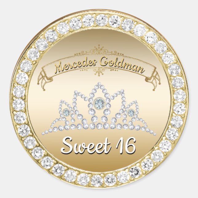 Sticker Rond Gold & Diamond Tiara Princess Sweet 16 Anniversair (Devant)