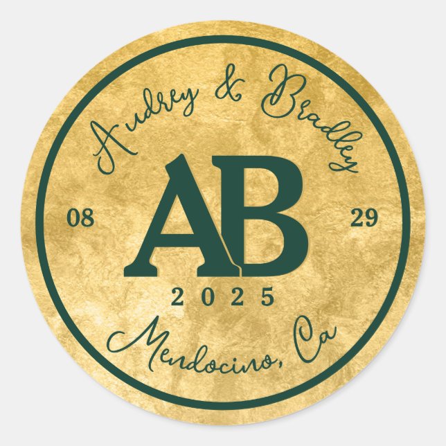 Sticker Rond Gold Emerald Green 2 lettres Mariage Monogramme (Devant)
