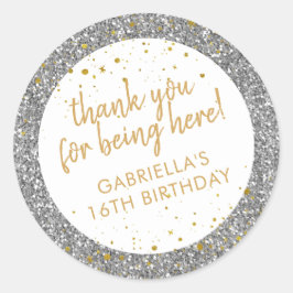 Sticker Rond Gold et Parties scintillant argent Merci Anniversa