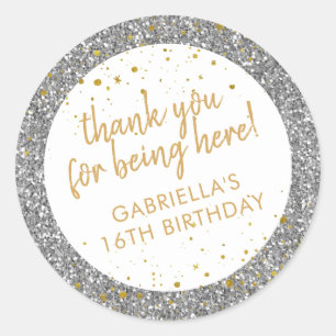 Sticker Rond Gold et Parties scintillant argent Merci Anniversa