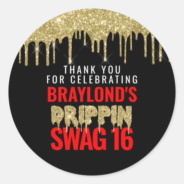 Sticker Rond Gold et Red Drippin Swag 16 Anniversaire (Devant)