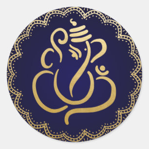 Sticker Rond Gold Festive Ganesh   bleu de Dieu indien