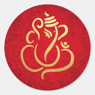 Sticker Rond Gold Festive Ganesh   Indian God Damask Red