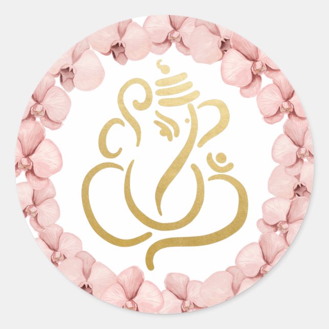 Sticker Rond Gold Festive Ganesh | Indian God Pink Orchids (Devant)