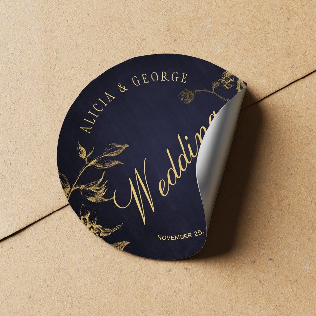 Sticker Rond Gold feuillage bleu marine chic mariage calligraph (Créateur téléchargé)