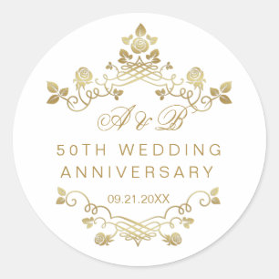 Sticker Rond Gold Floral 50e anniversaire Mariage Classic Roun