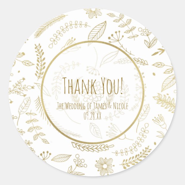 Sticker Rond Gold Floral Feuille Rustique Elégant Mariage Faveu (Devant)