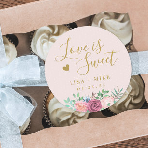 Sticker Rond Gold Floral Love est Sweet Wedding Favor Pink