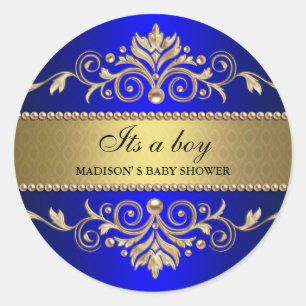 Sticker Rond Gold Flourish Blue Elegant Baby shower C'est un ga