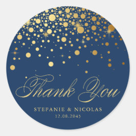 Sticker Rond Gold Foil Confetti Marine Mariage bleu Merci