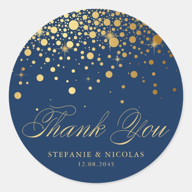 Sticker Rond Gold Foil Confetti Marine Mariage bleu Merci (Devant)