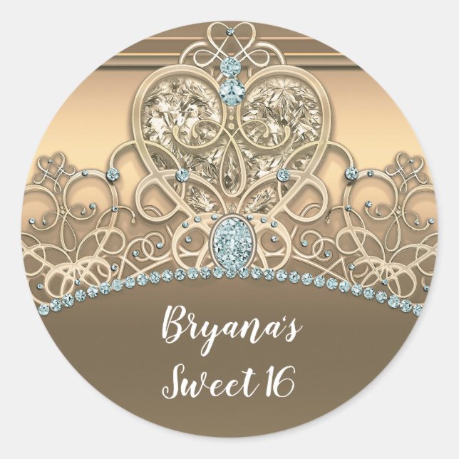 Sticker Rond Gold Glam Princess Heart Tiara fête d'anniversaire (Devant)