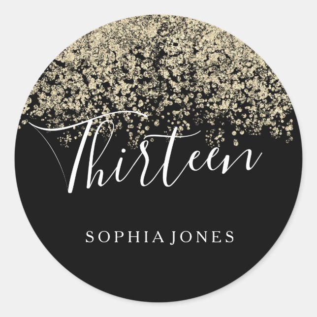Sticker Rond Gold Glitter Confetti Black 13e anniversaire fête (Devant)