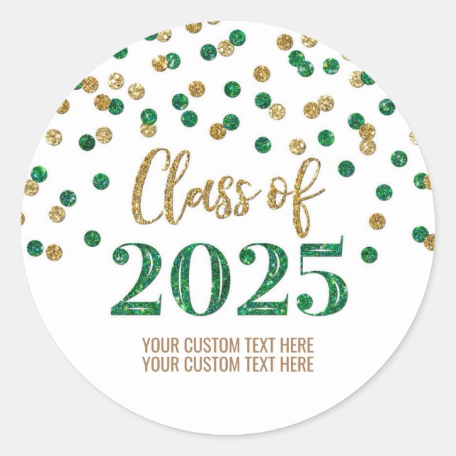 Sticker Rond Gold Green Confetti Graduation 2025 (Devant)