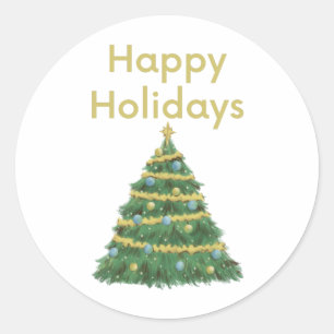 Sticker Rond Gold Happy Holidays and Christmas Tree