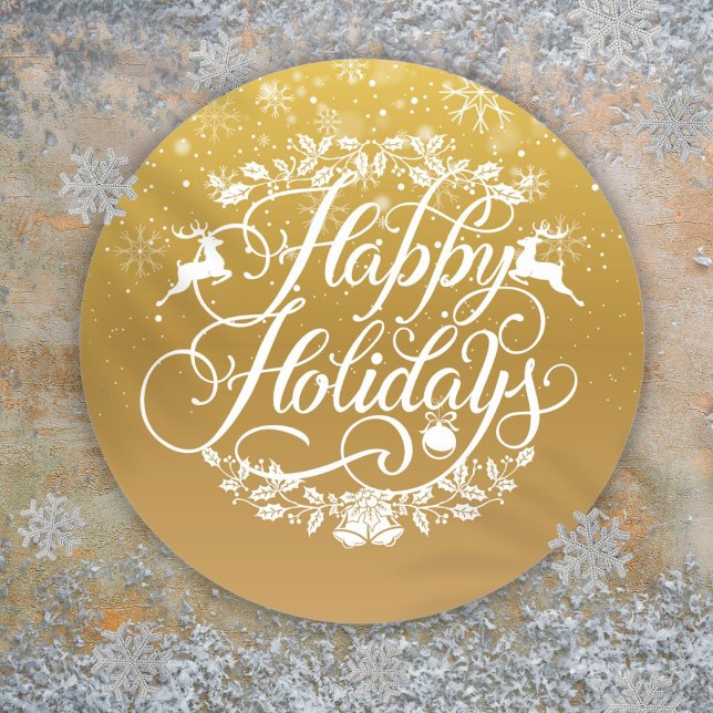 Sticker Rond Gold Happy Holidays Snowflakes Noël (Gold Happy Holidays Snowflakes Christmas Classic Round Sticker)