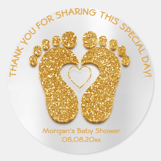 Sticker Rond Gold Heart Pieds Baby shower Favoriser Cadeau Merc (Devant)