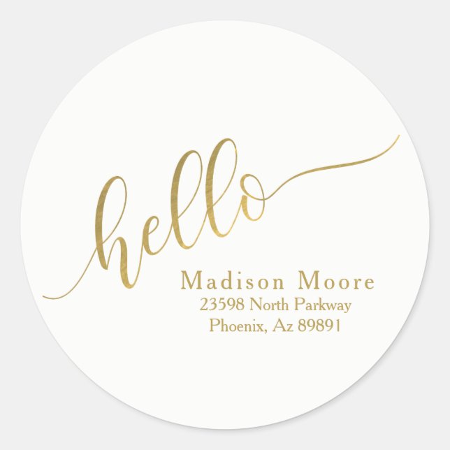 Sticker Rond Gold "Hello" Nom Adresse de retour personnalisée S (Devant)