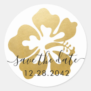 Sticker Rond Gold Hibiscus Tropical Flower Enregistrer la date