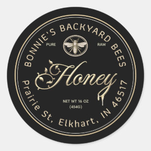 Sticker Rond Gold Honey Script Police florale Abeille héraldiqu