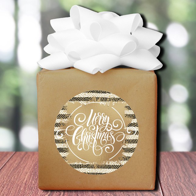 Sticker Rond Gold Joyeux Noël noir blanc rayures (Créateur téléchargé)