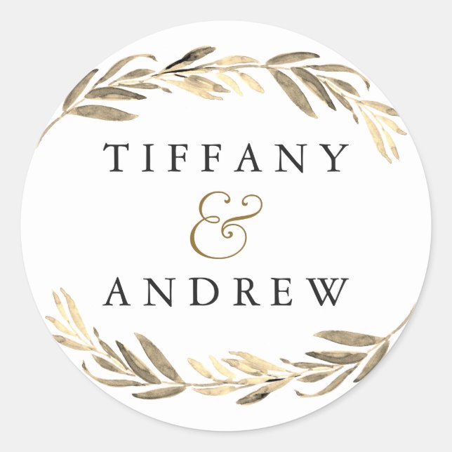 Sticker Rond Gold leaf Elegant Modern Couples Nom Mariage (Devant)