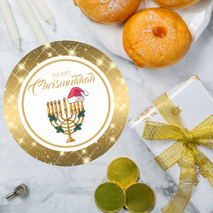 Sticker Rond Gold Menorah juive Hanoukka Merry Chrismukkah
