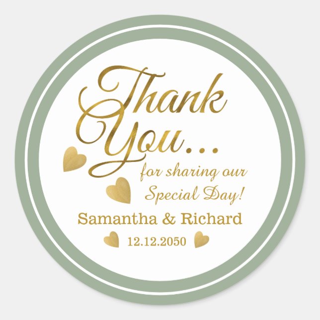 Sticker Rond Gold Merci Sage Green Wedding Favor (Devant)