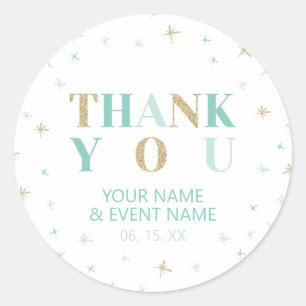 Sticker Rond Gold & Mint Stars Merci Baby shower Favoriser