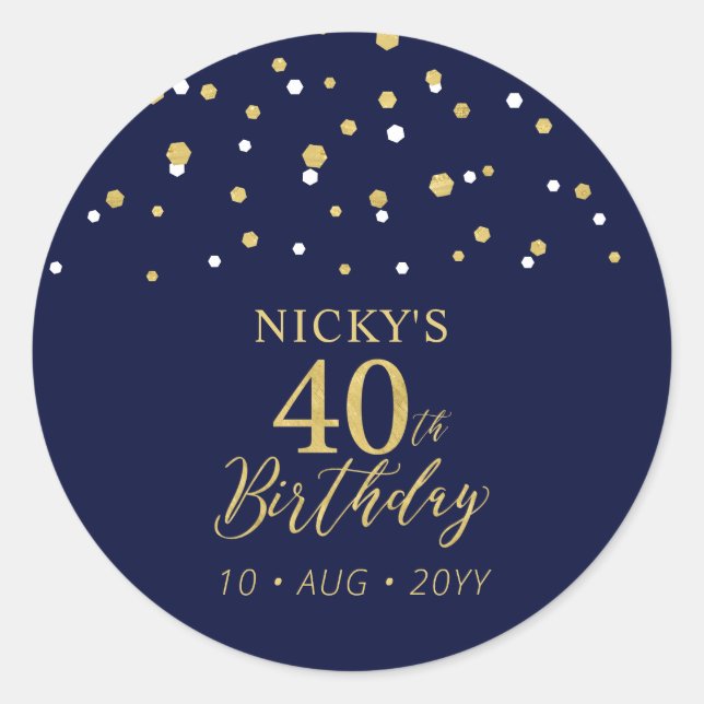 Sticker Rond Gold & Navy Blue 40e anniversaire Favor Merci (Devant)